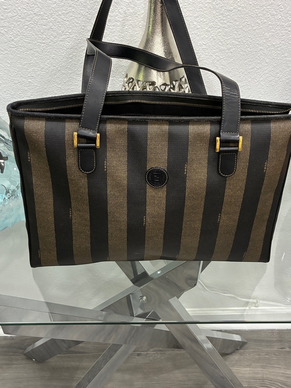 Authentic Fendi Pequin Stripe Zip Top Tote Bag Brown Black Italy + COA